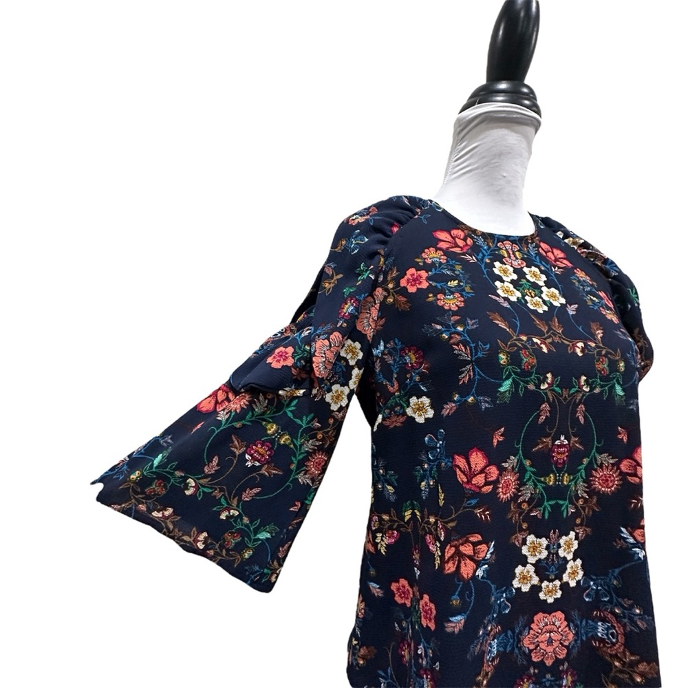 Haute Monde Floral Ruffle Cold Shoulder Blouse Crepe Bold Colors Navy Blue - Picture 4 of 11